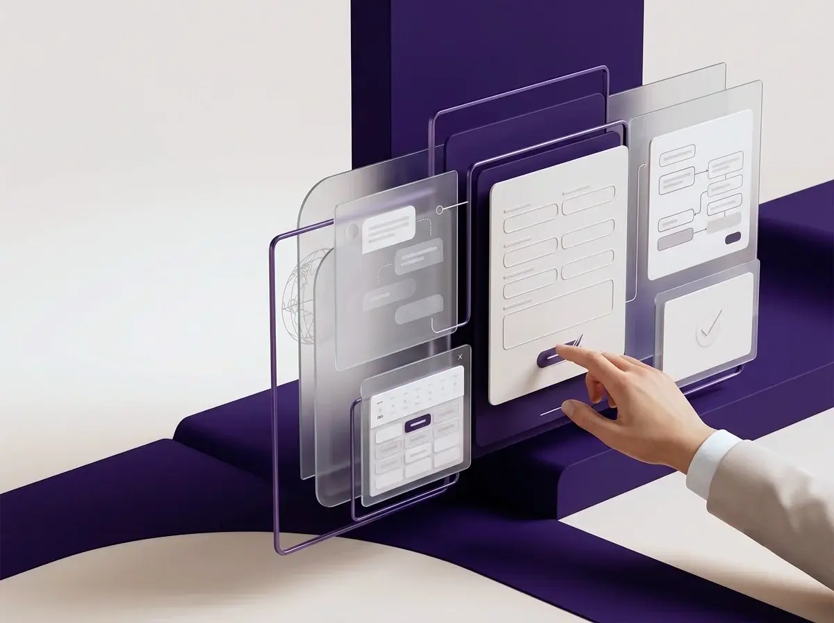 Abstract creative marketing workspace in purple and cream
