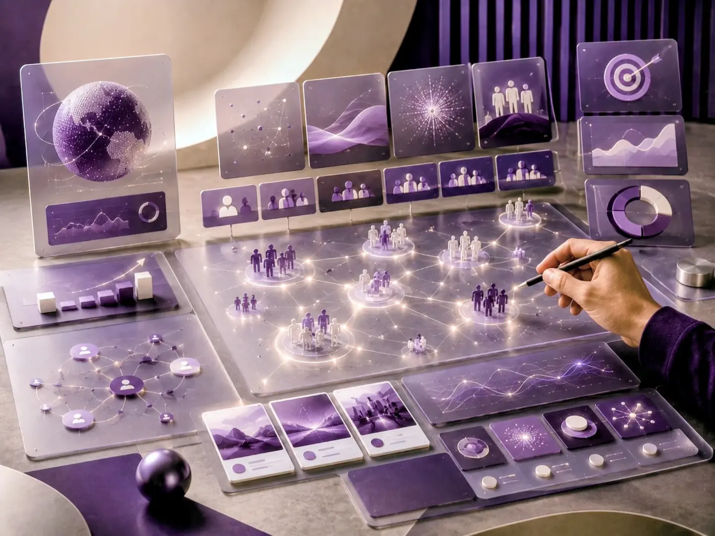 Abstract AI-powered marketing system with connected purple data elements